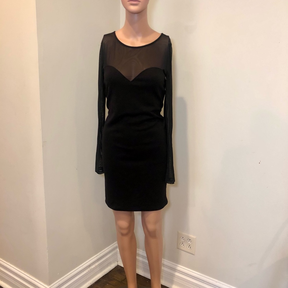 Black mini dress with sheer long sleeves